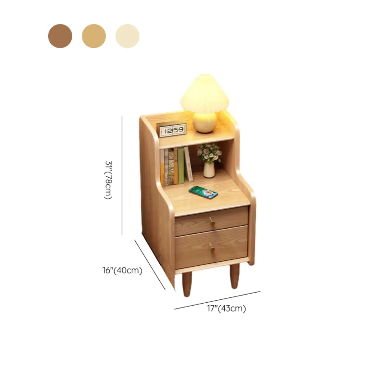 Table de chevet haute en bois brun noyer avec tiroirs