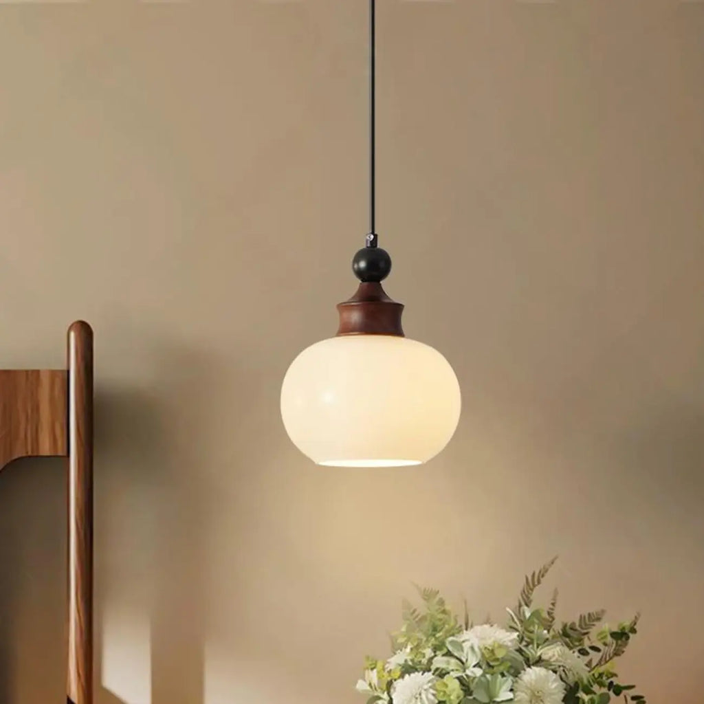 Suspension globe en bois et verre beige à intensité variable