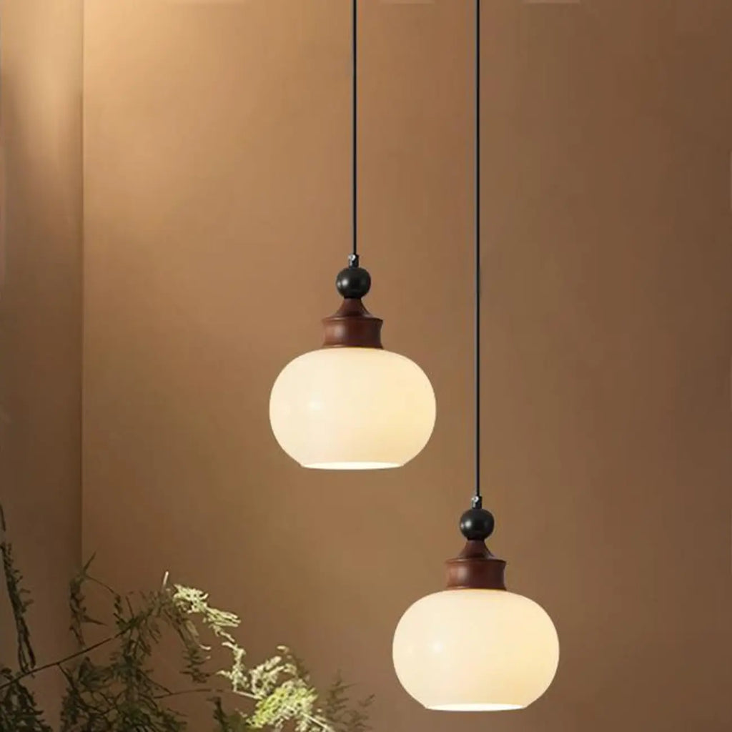 Suspension globe en bois et verre beige à intensité variable