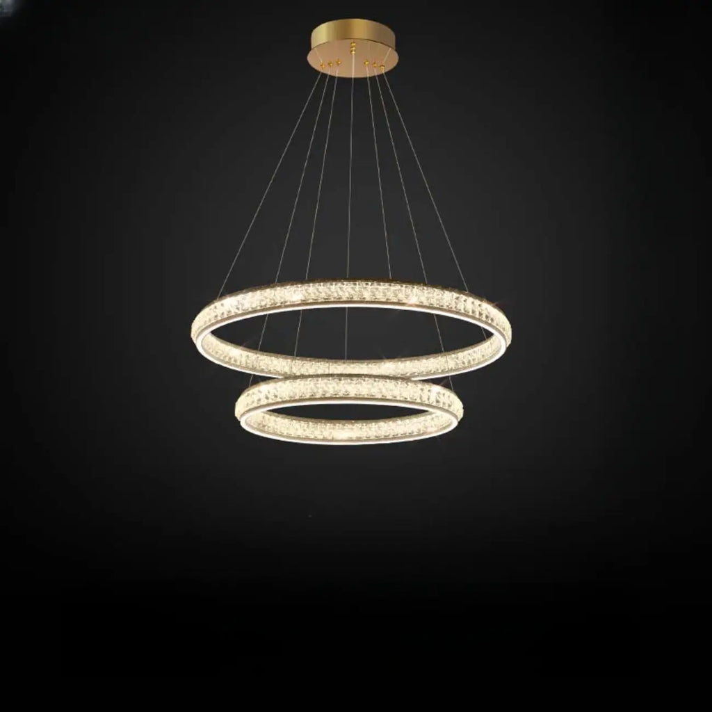 Lustre de luxe à anneaux dorés étagés en cristal et LED – Livingura