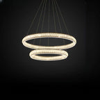 Lustre de luxe à anneaux dorés étagés en cristal et LED