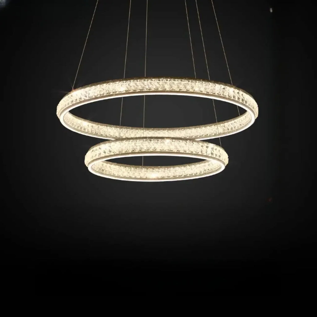 Lustre de luxe à anneaux dorés étagés en cristal et LED