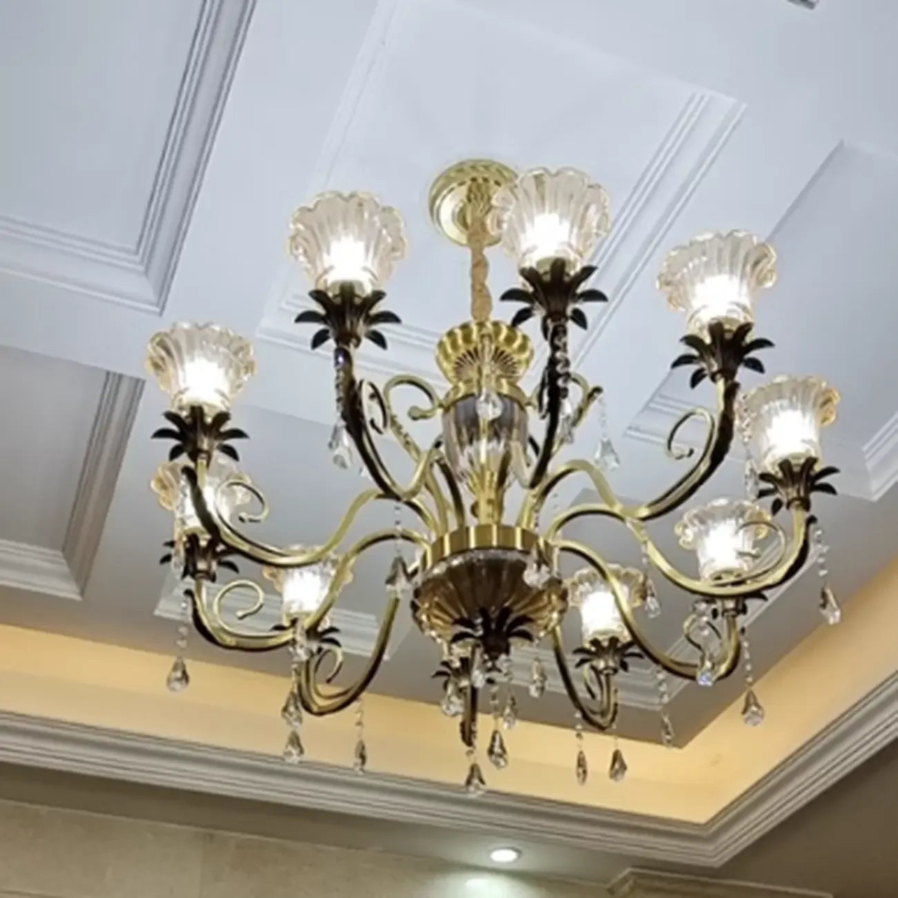 Lustre vintage doré en cristal en forme de fleur, avec éclairage indirect, pour salle à manger