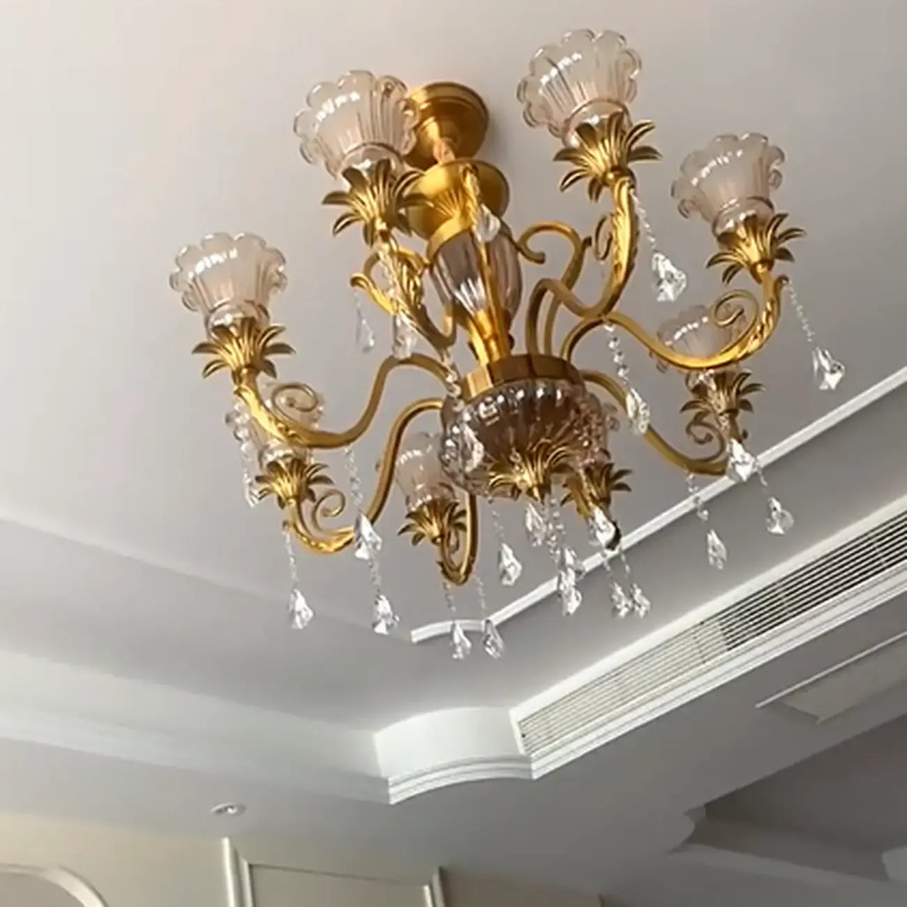 Lustre vintage doré en cristal en forme de fleur, avec éclairage indirect, pour salle à manger