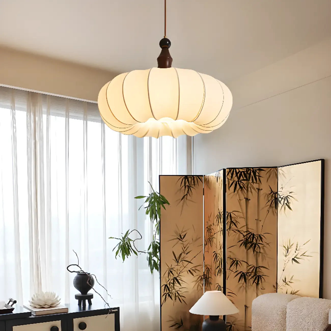 Suspension moderne en tissu blanc avec globe et hauteur réglable
