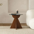 Table d'appoint ronde en verre brun avec piètement géométrique en X en bois