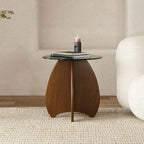 Table d'appoint ronde en verre brun avec piètement géométrique en X en bois