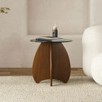 Table d'appoint ronde en verre brun avec piètement géométrique en X en bois