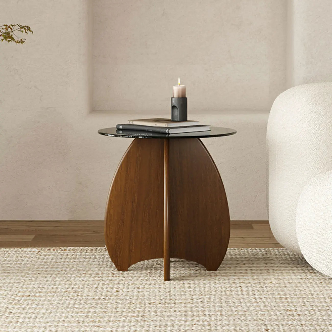 Table d'appoint ronde en verre brun avec piètement géométrique en X en bois