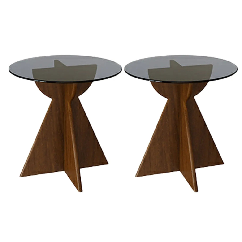 Table d'appoint ronde en verre brun avec piètement géométrique en X en bois
