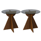 Table d'appoint ronde en verre brun avec piètement géométrique en X en bois