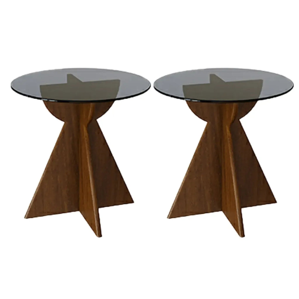 Table d'appoint ronde en verre brun avec piètement géométrique en X en bois