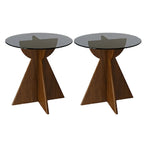 Table d'appoint ronde en verre brun avec piètement géométrique en X en bois