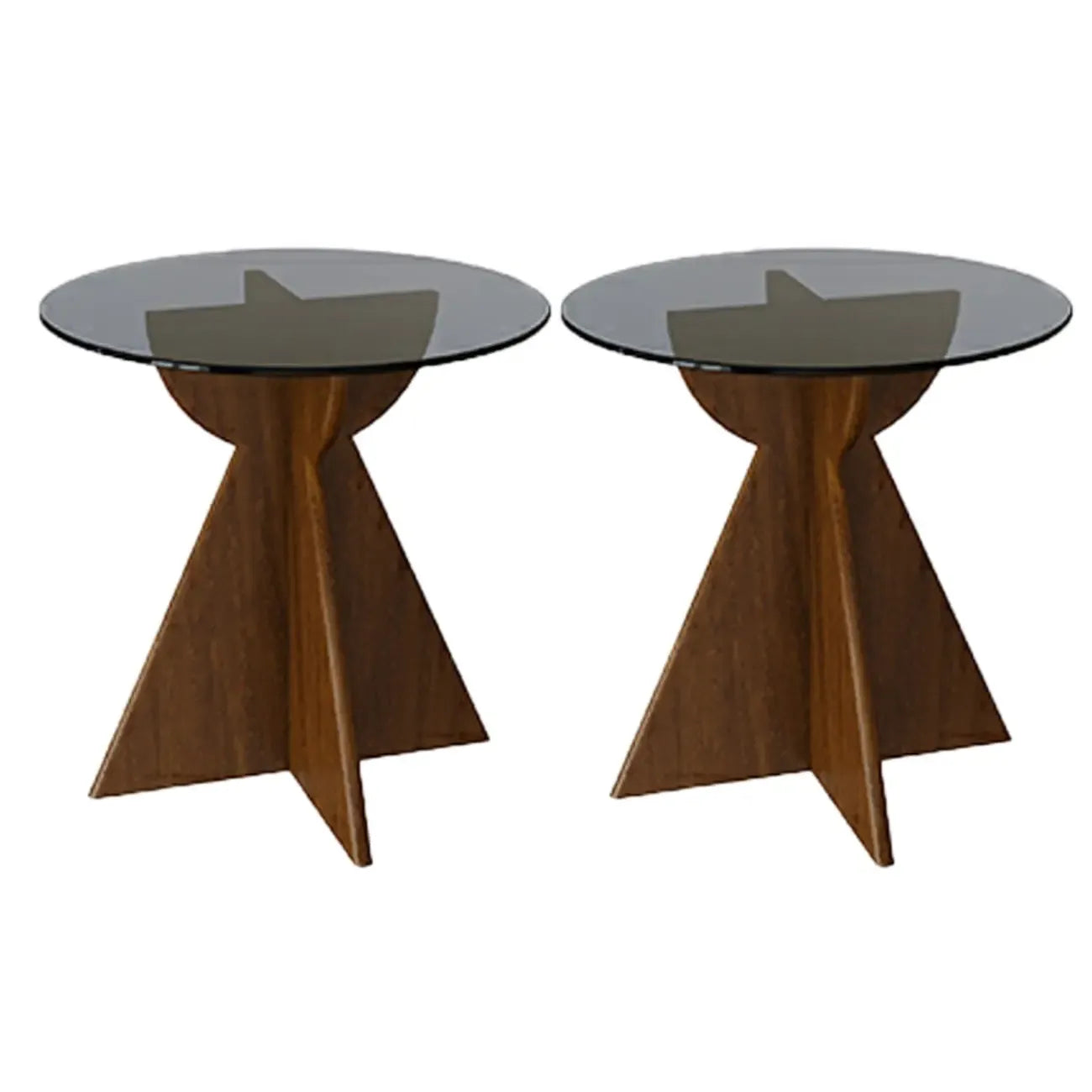 Table d'appoint ronde en verre brun avec piètement géométrique en X en bois
