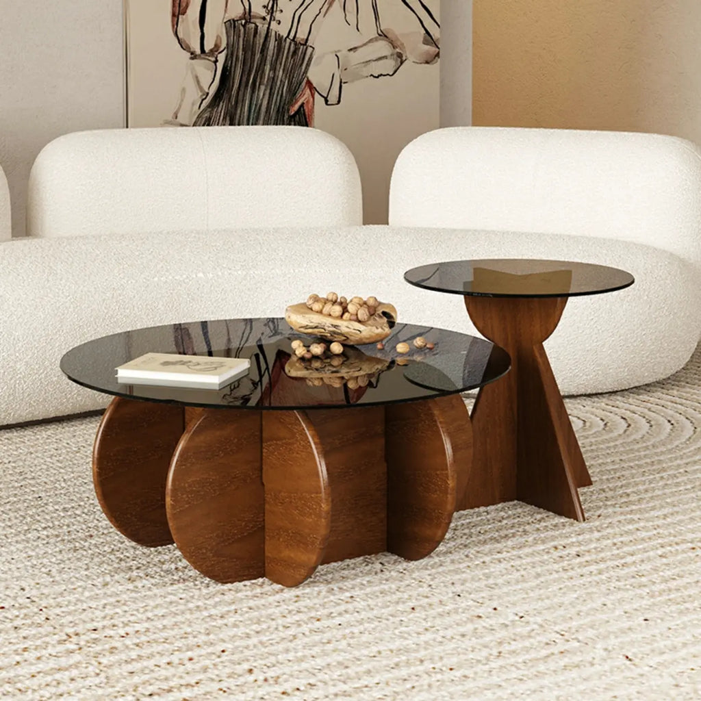 Table d'appoint ronde en verre brun avec piètement géométrique en X en bois
