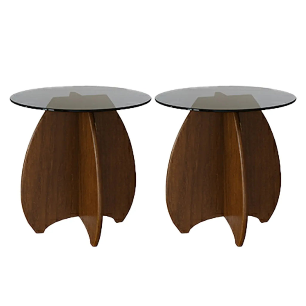Table d'appoint ronde en verre brun avec piètement géométrique en X en bois