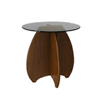 Table d'appoint ronde en verre brun avec piètement géométrique en X en bois
