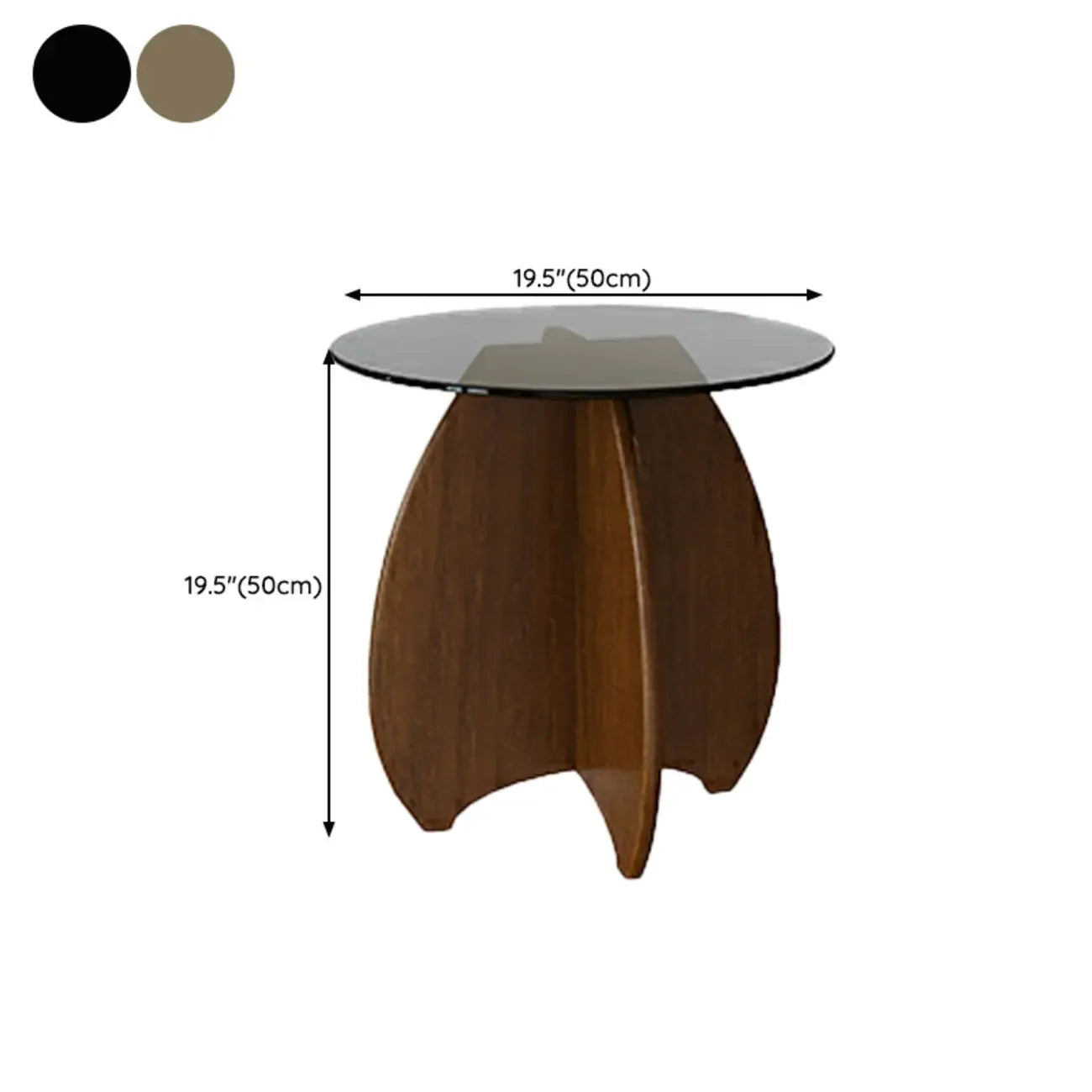 Table d'appoint ronde en verre brun avec piètement géométrique en X en bois