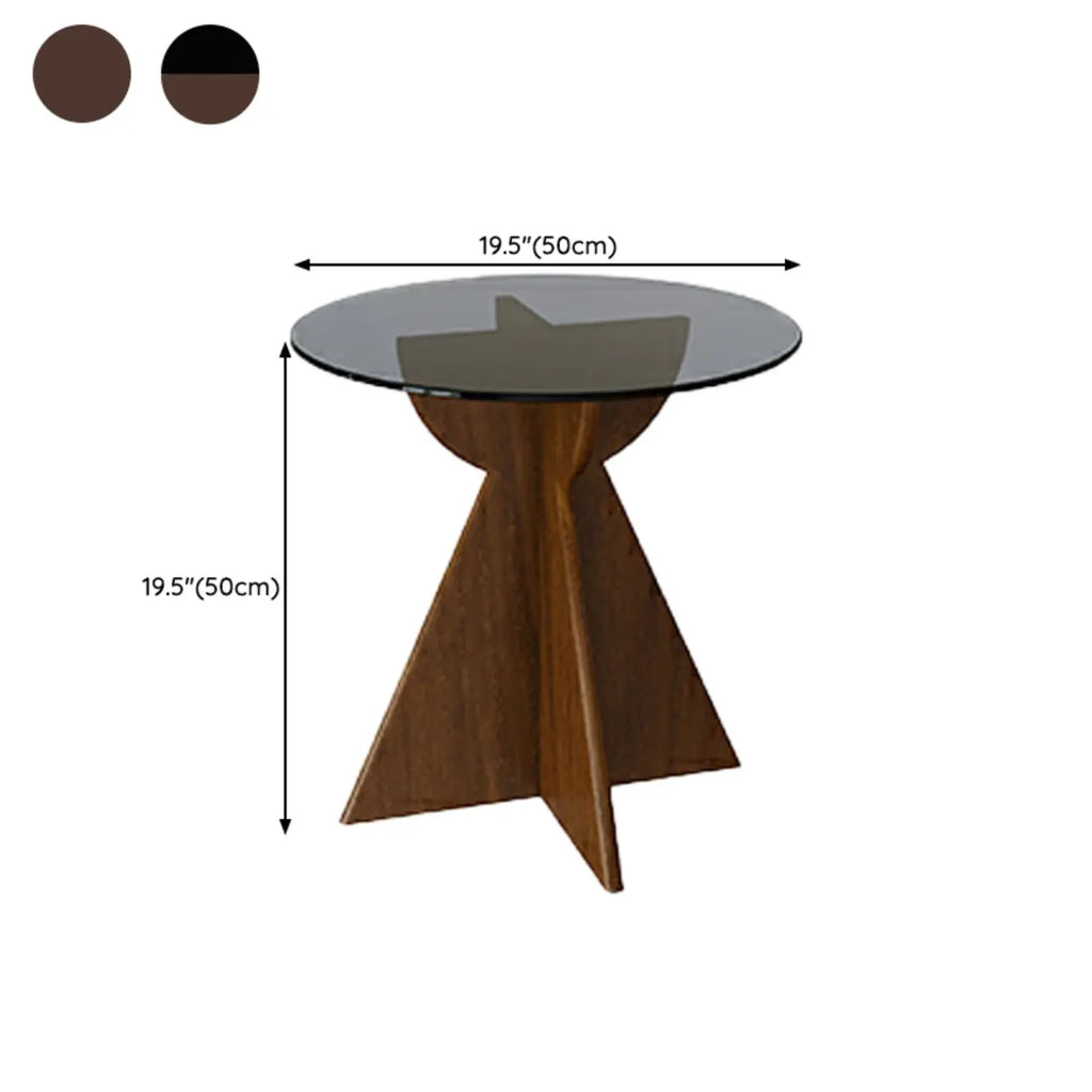 Table d'appoint ronde en verre brun avec piètement géométrique en X en bois