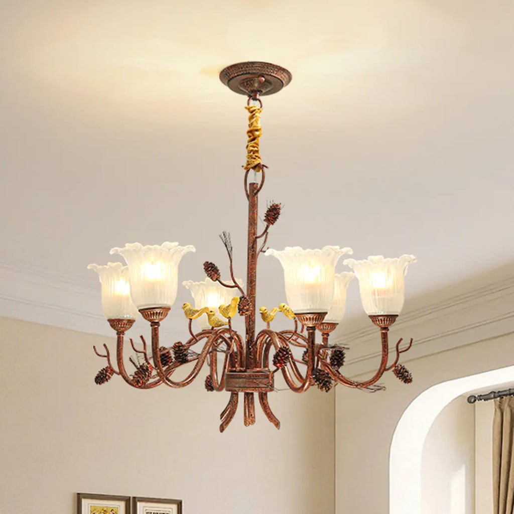 Lustre rustique en verre marron à motifs floraux et décorations en pommes de pin