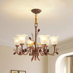 Lustre rustique en verre marron à motifs floraux et décorations en pommes de pin