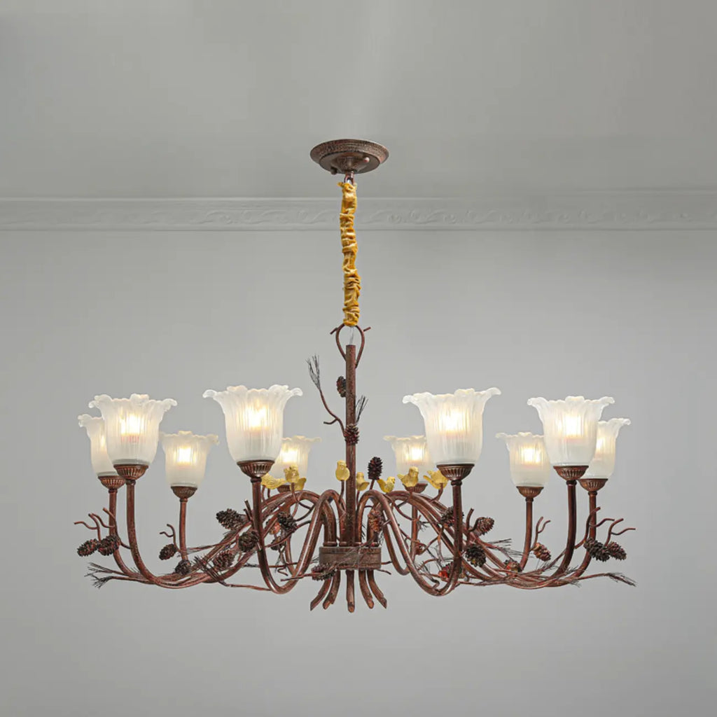 Lustre rustique en verre marron à motifs floraux et décorations en pommes de pin