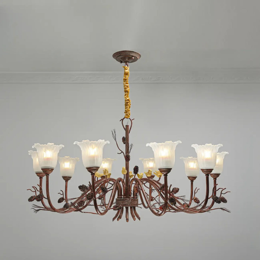 Lustre rustique en verre marron à motifs floraux et décorations en pommes de pin