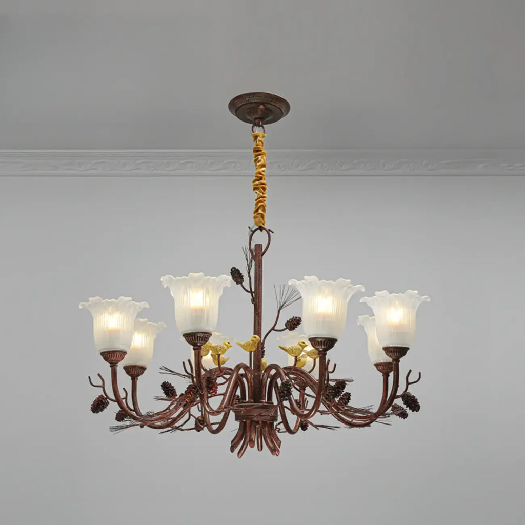 Lustre rustique en verre marron à motifs floraux et décorations en pommes de pin