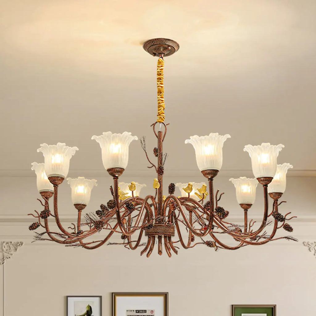 Lustre rustique en verre marron à motifs floraux et décorations en pommes de pin