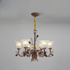 Lustre rustique en verre marron à motifs floraux et décorations en pommes de pin