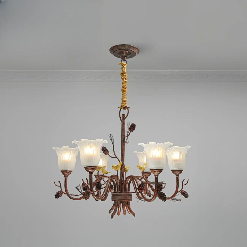 Lustre rustique en verre marron à motifs floraux et décorations en pommes de pin