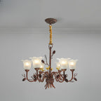 Lustre rustique en verre marron à motifs floraux et décorations en pommes de pin