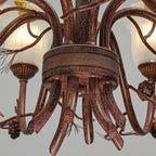 Lustre rustique en verre marron à motifs floraux et décorations en pommes de pin