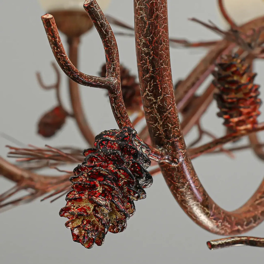 Lustre rustique en verre marron à motifs floraux et décorations en pommes de pin
