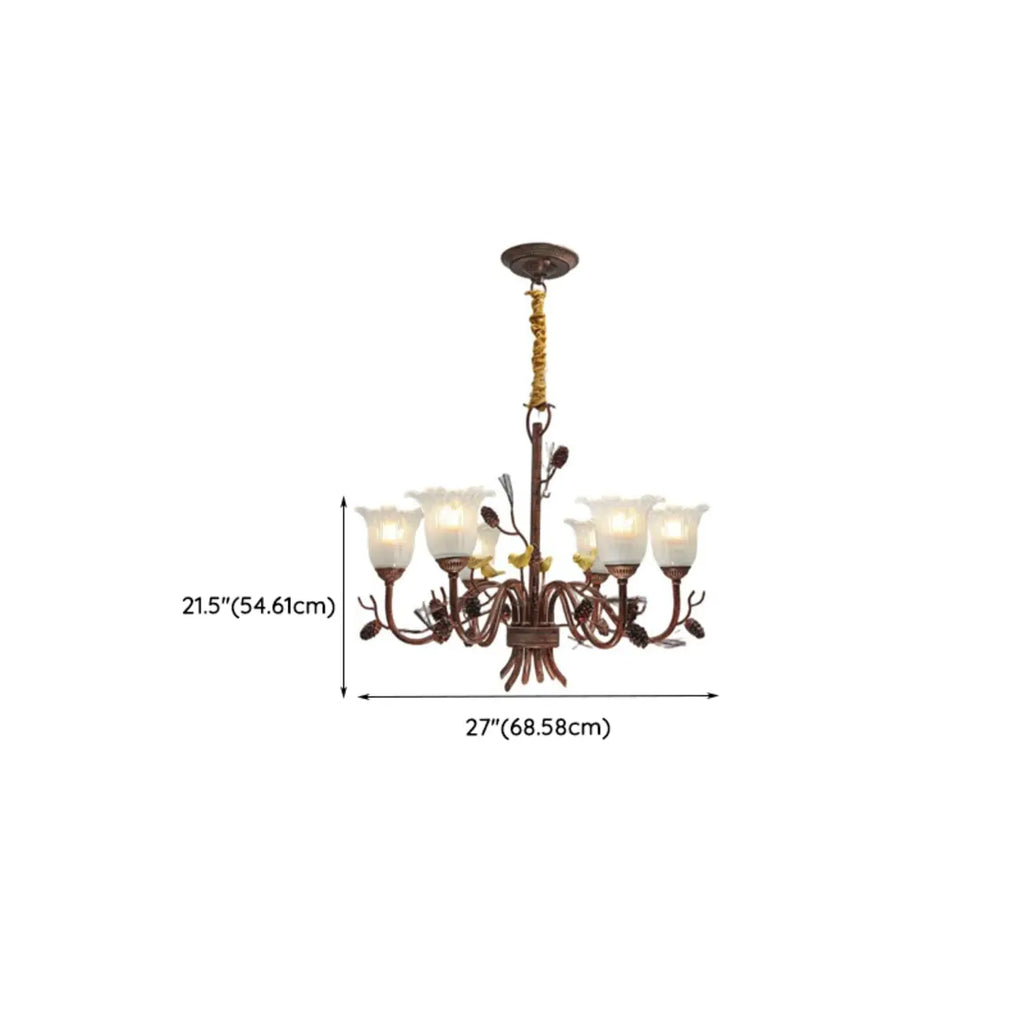 Lustre rustique en verre marron à motifs floraux et décorations en pommes de pin