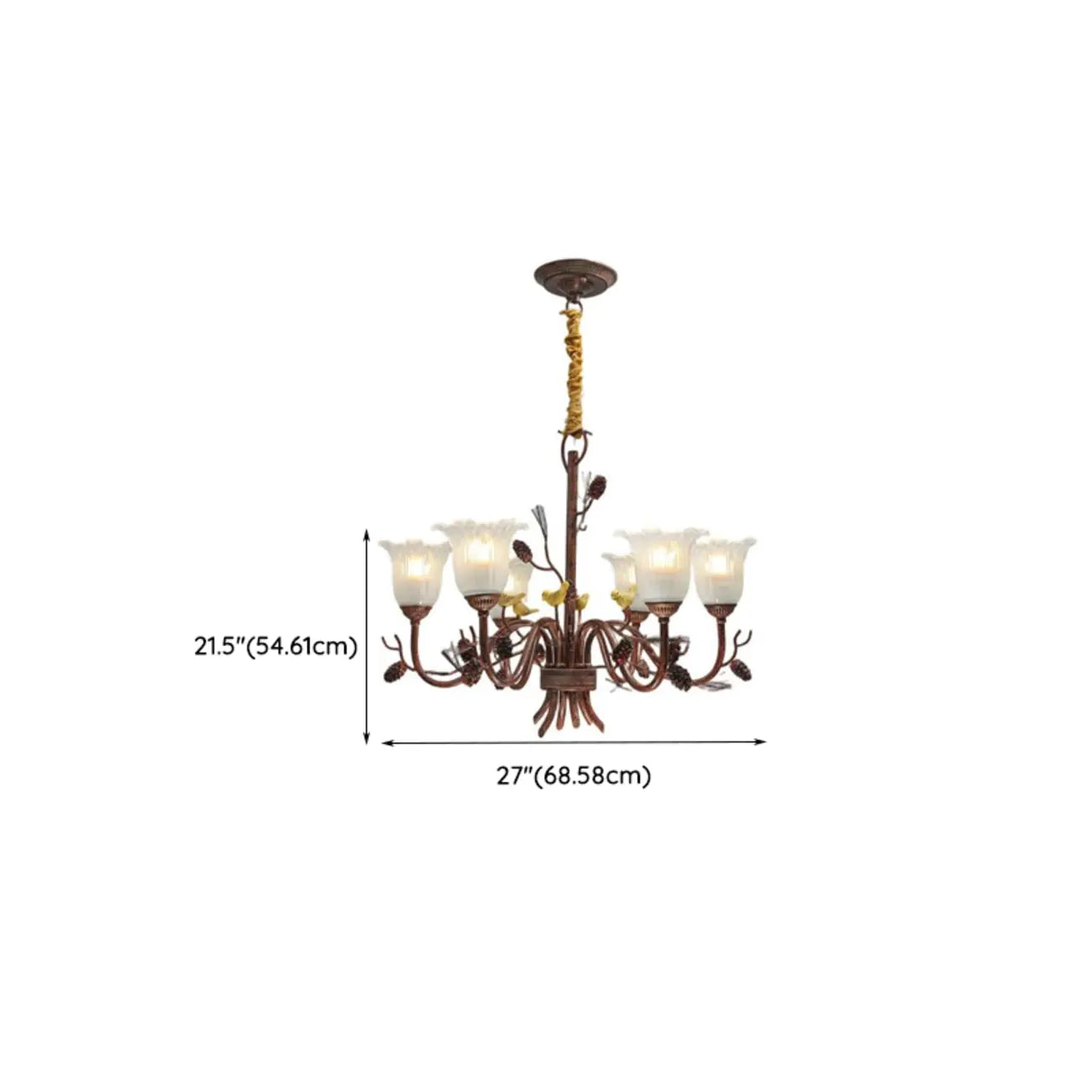 Lustre rustique en verre marron à motifs floraux et décorations en pommes de pin