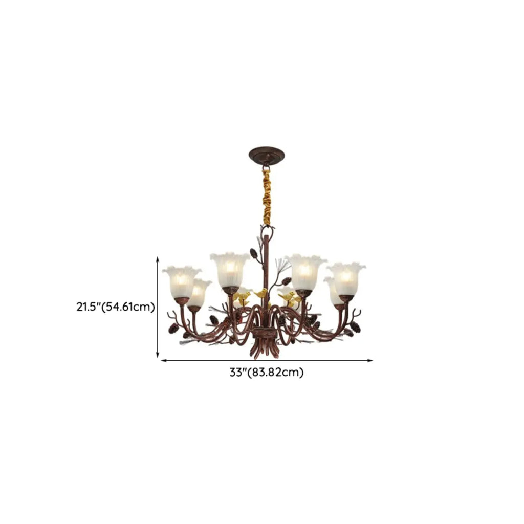Lustre rustique en verre marron à motifs floraux et décorations en pommes de pin