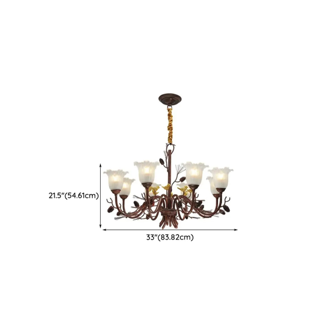 Lustre rustique en verre marron à motifs floraux et décorations en pommes de pin