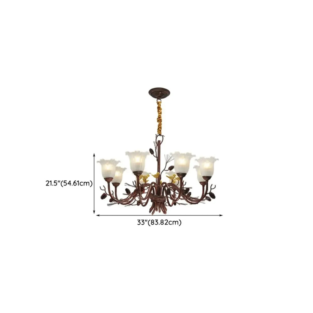 Lustre rustique en verre marron à motifs floraux et décorations en pommes de pin