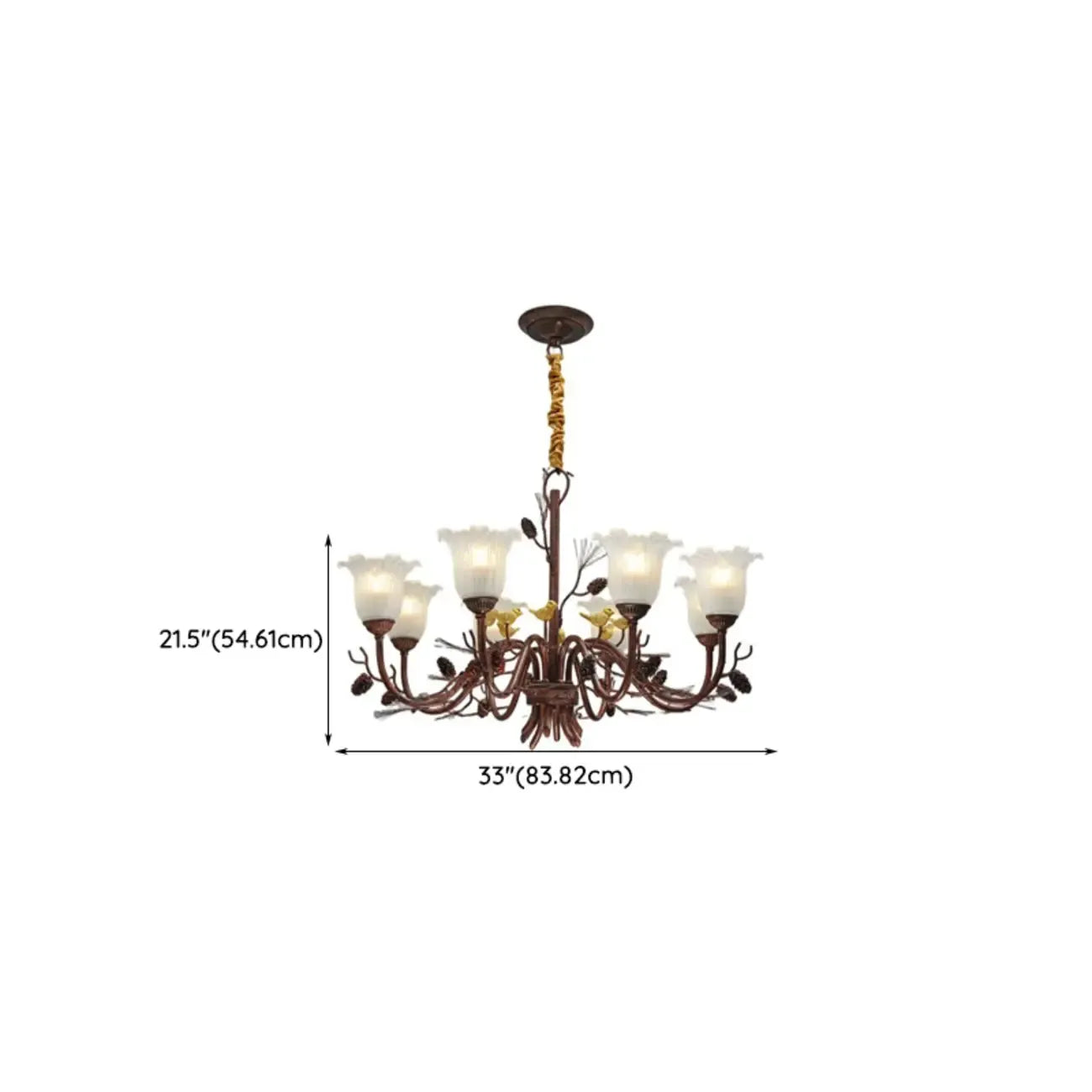 Lustre rustique en verre marron à motifs floraux et décorations en pommes de pin