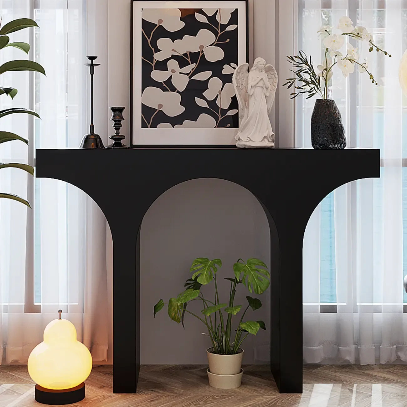 Console rectangulaire d'entrée avec base arquée noire