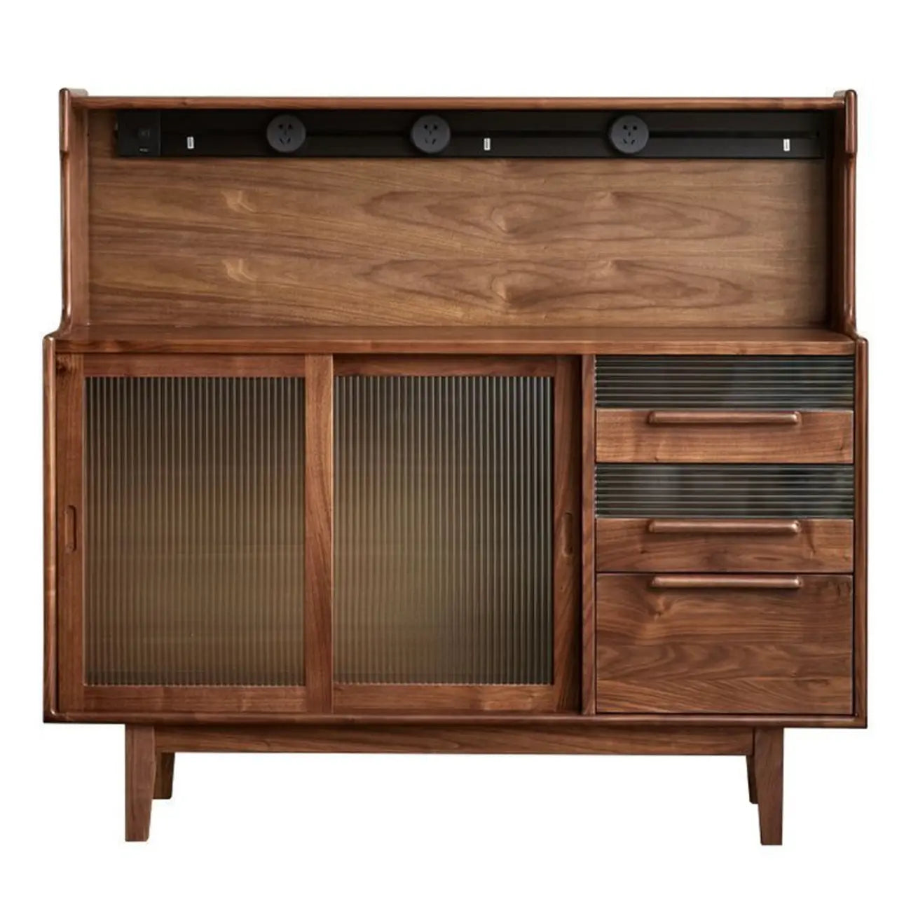Buffet large en bois de noyer nordique avec porte coulissante en verre