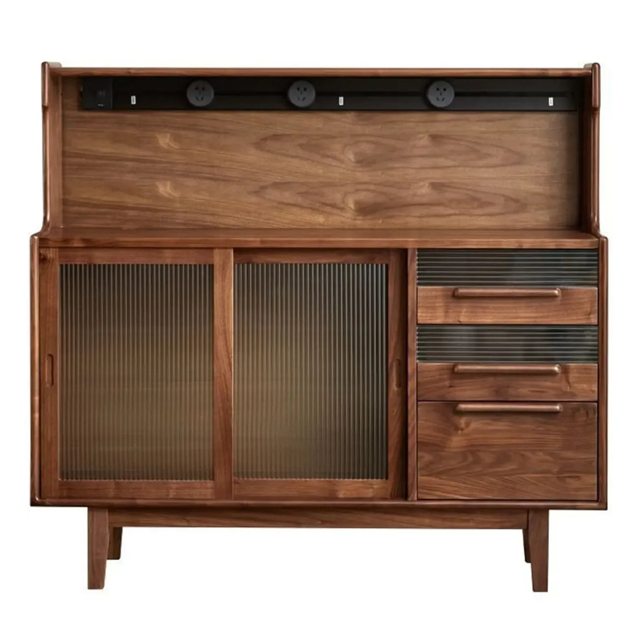 Buffet large en bois de noyer nordique avec porte coulissante en verre