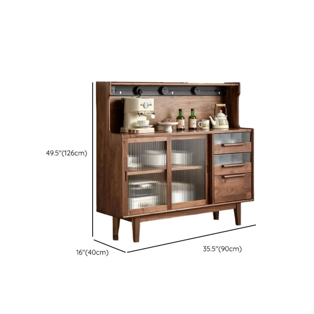 Buffet large en bois de noyer nordique avec porte coulissante en verre
