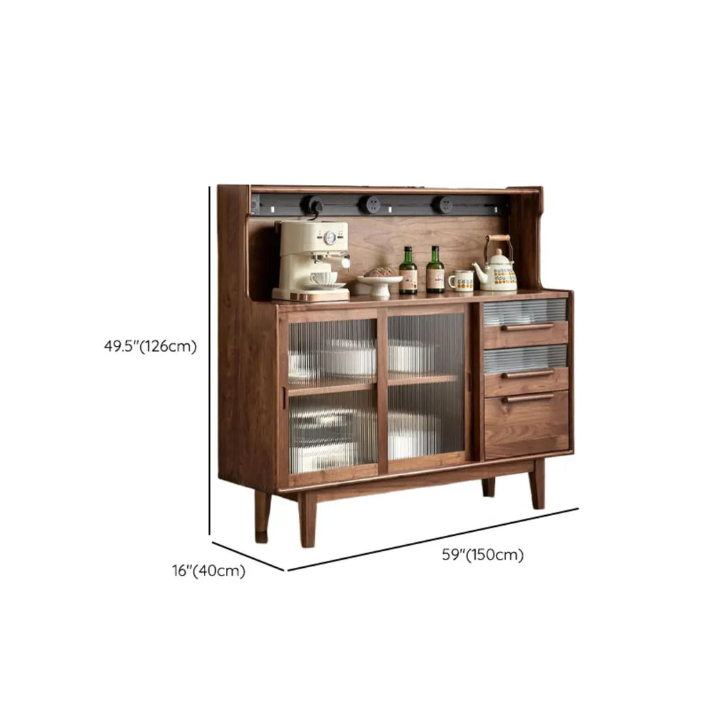 Buffet large en bois de noyer nordique avec porte coulissante en verre