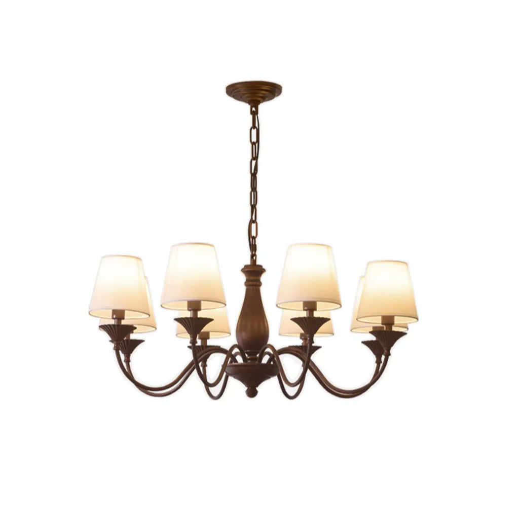 Lustre traditionnel en métal brun et tissu, à 8 lumières.