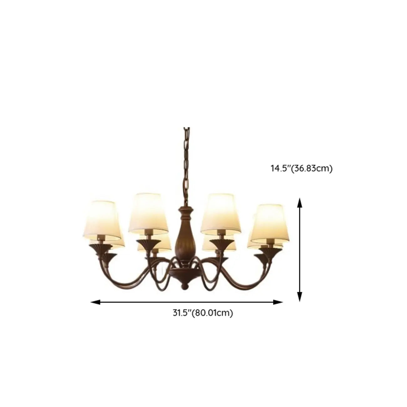 Lustre traditionnel en métal brun et tissu, à 8 lumières.