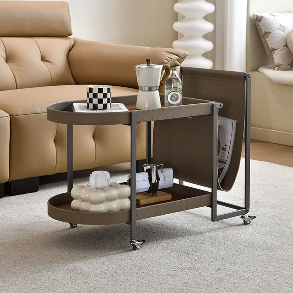 Table d'appoint pivotante ovale à deux niveaux avec plateau en similicuir pour salon