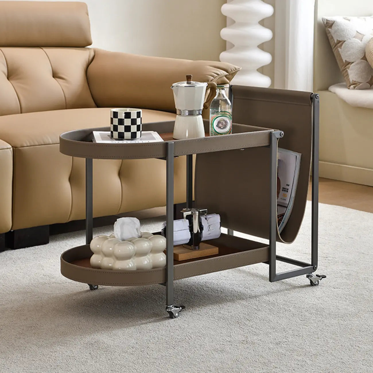 Table d'appoint pivotante ovale à deux niveaux avec plateau en similicuir pour salon