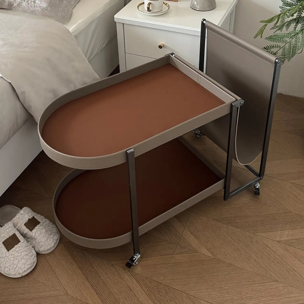 Table d'appoint pivotante ovale à deux niveaux avec plateau en similicuir pour salon